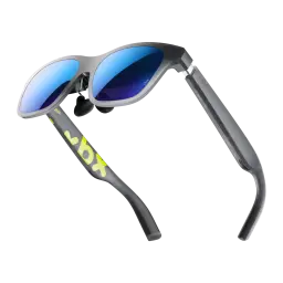 XREAL XBX A01+ Lunettes AR Gris, vue diagonale: verres bleus miroir et branche avec logo XBX jaune fluorescent