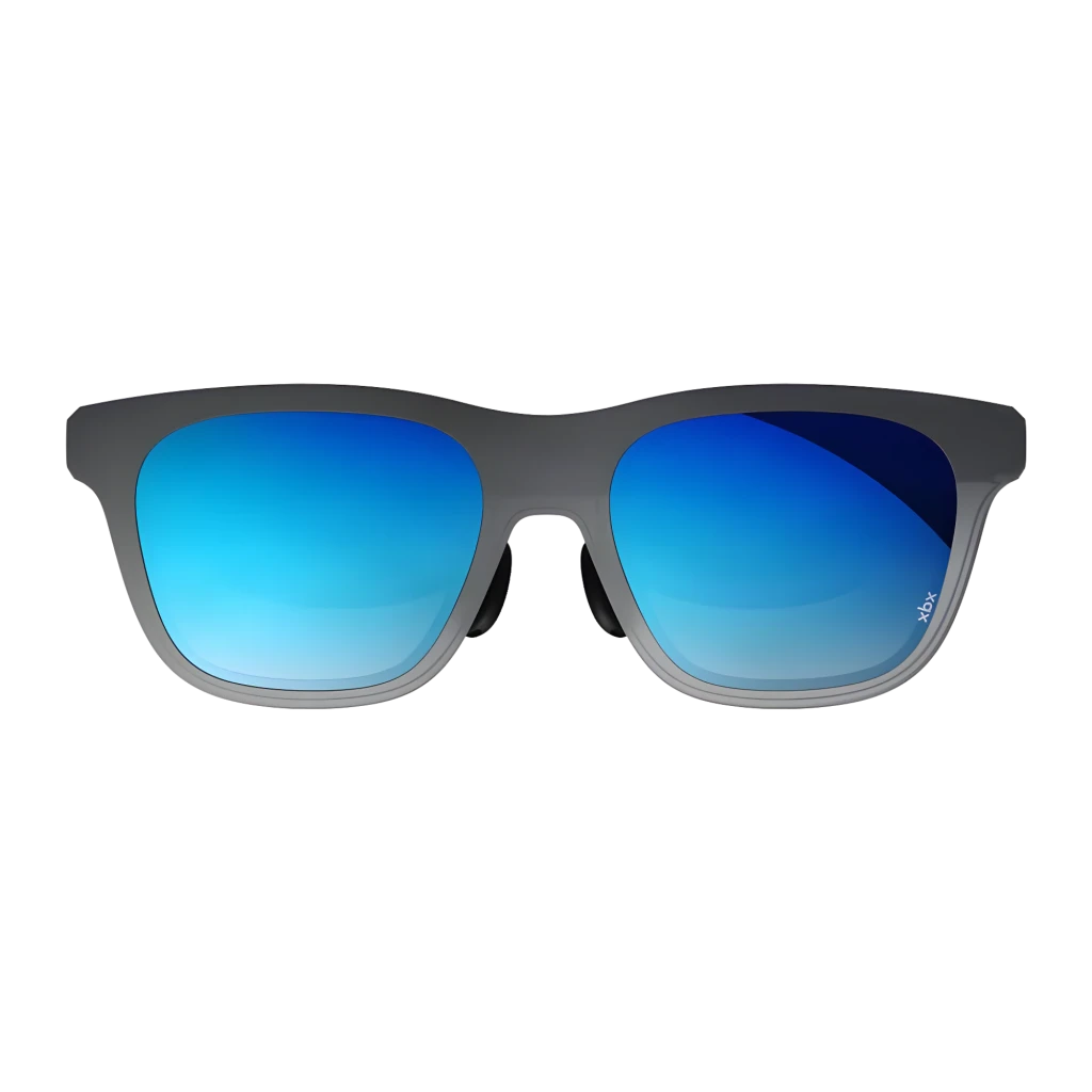 XREAL XBX A01+ Lunettes AR Gris, vue diagonale: verres bleus miroir et branche avec logo XBX jaune fluorescent - Ítem1
