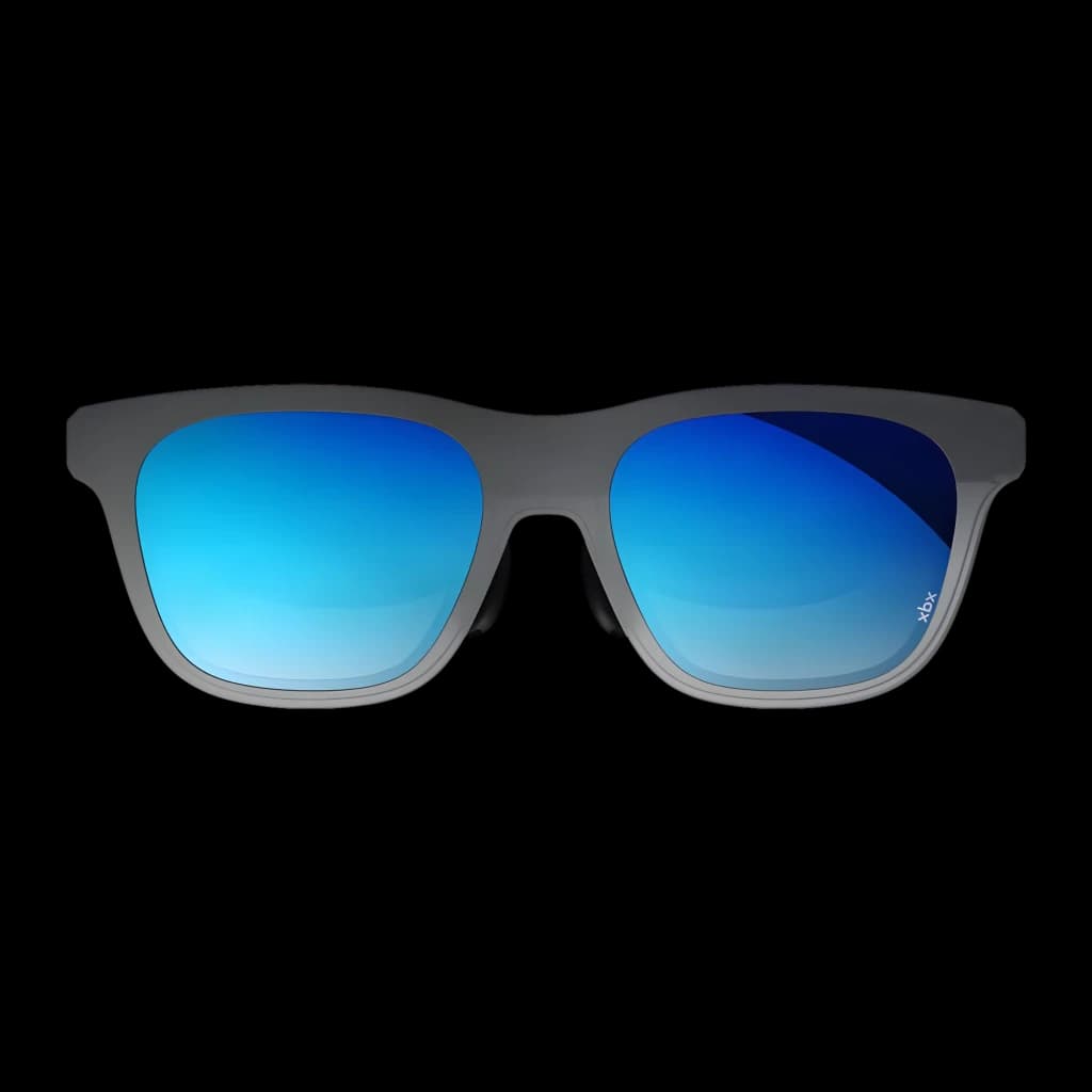 XREAL XBX A01+ AR Glasses Gris, vue de face: monture gris mat avec verres dégradé bleu et logo xbx