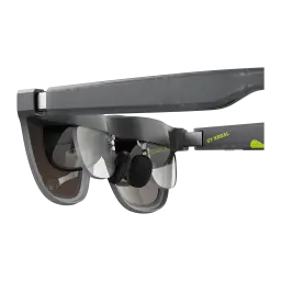 XREAL XBX A01+ Lunettes AR Gris, vue inférieure avant: verres AR translucides, optique interne et logo BY XREAL jaune