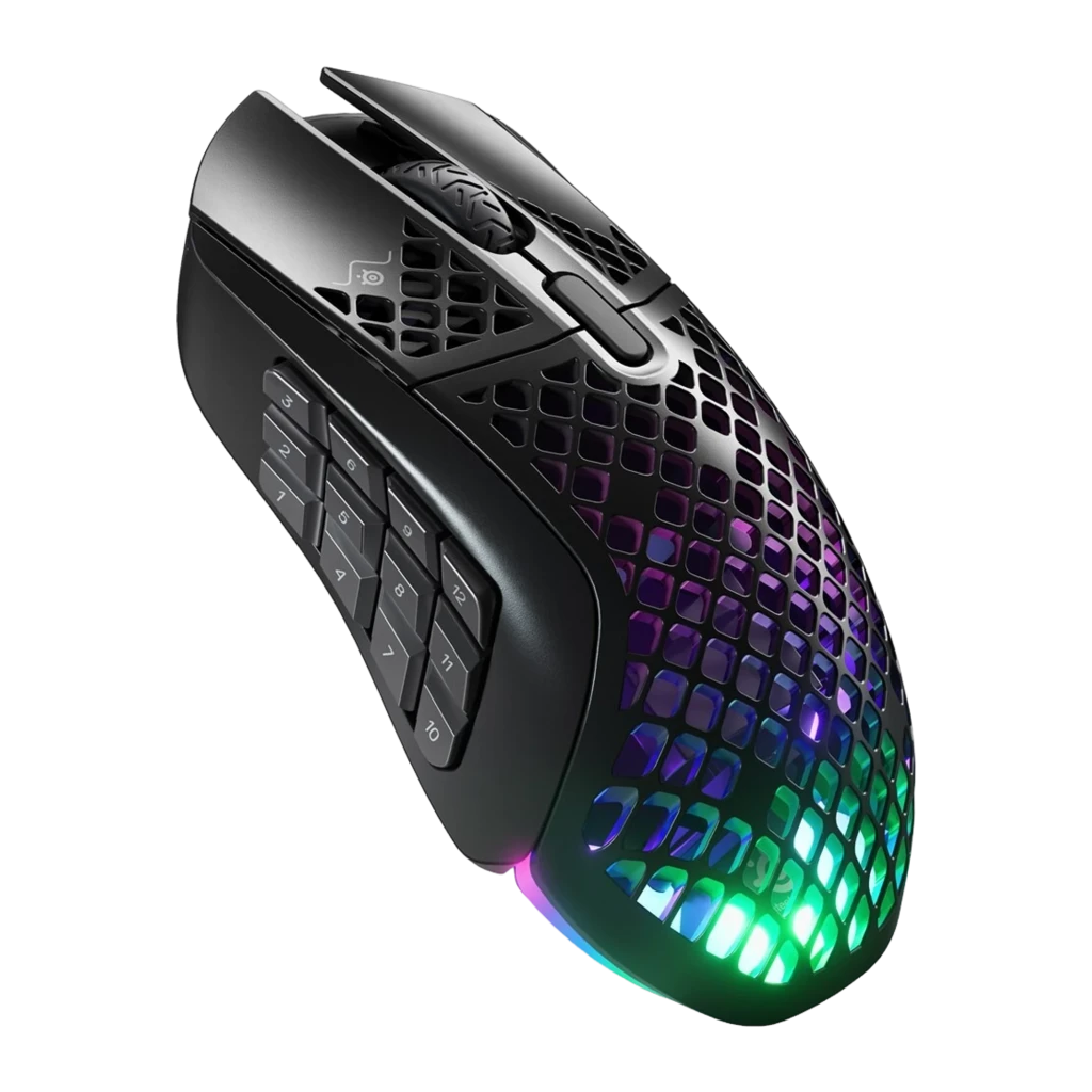 SteelSeries Aerox 9 Wireless preto mate, vista superior: carcaça honeycomb com iluminação RGB azul e rosa - Item1