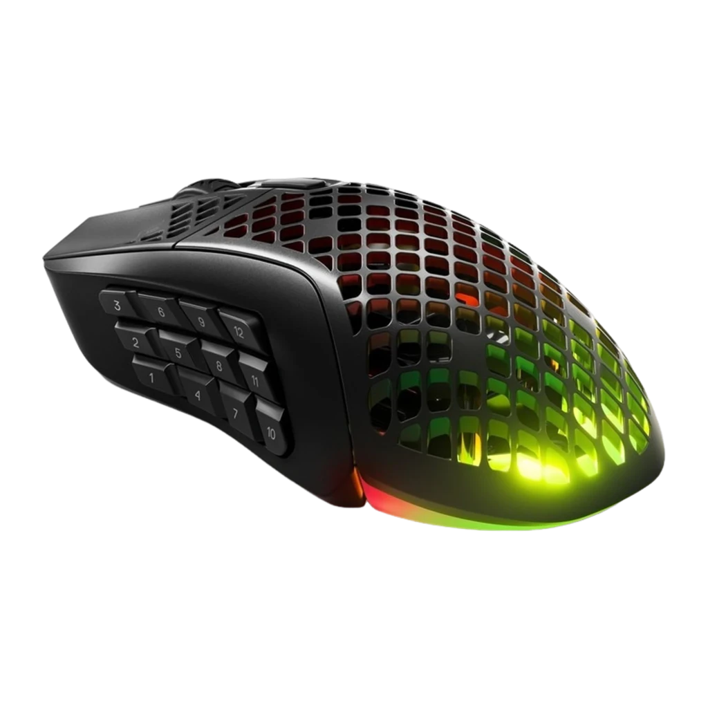 SteelSeries Aerox 9 Wireless preto mate, vista superior: carcaça honeycomb com iluminação RGB azul e rosa - Item2