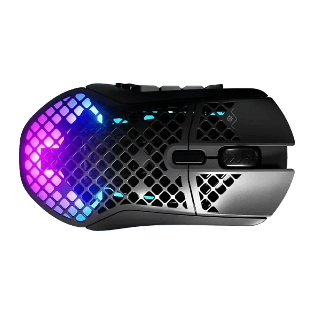 SteelSeries Aerox 9 Wireless preto mate, vista superior: carcaça honeycomb com iluminação RGB azul e rosa - Item3