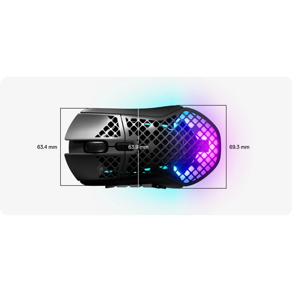 SteelSeries Aerox 9 Wireless preto mate, vista superior: carcaça honeycomb com iluminação RGB azul e rosa - Item6