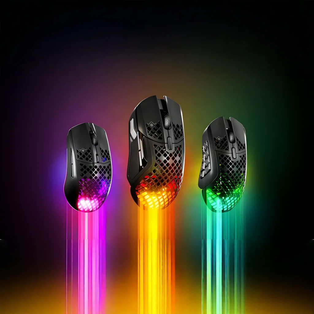 SteelSeries Aerox 9 Wireless preto mate, vista superior: carcaça honeycomb com iluminação RGB azul e rosa - Item5