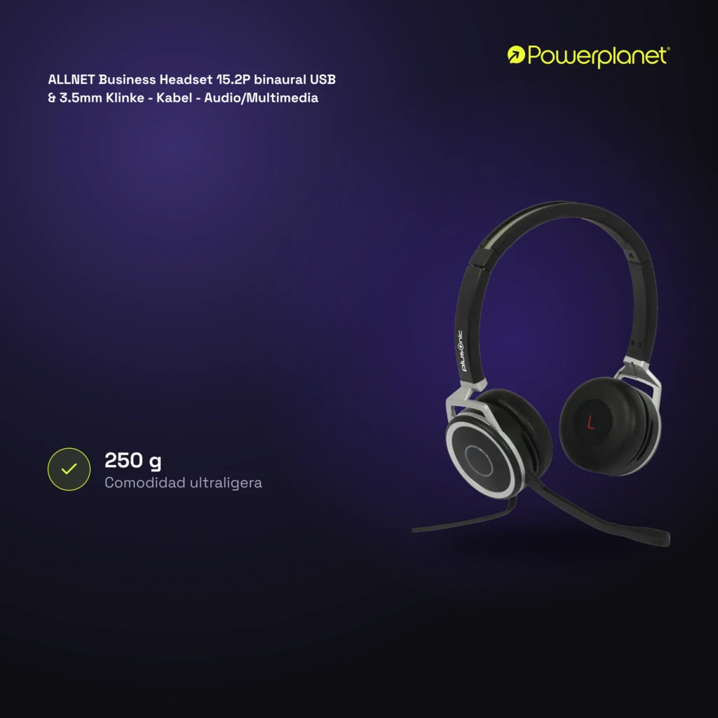 Plusonic Business Headset 15.2P negro, vista lateral: auriculares binaurales con micrófono flexible, almohadillas y logo - Ítem2