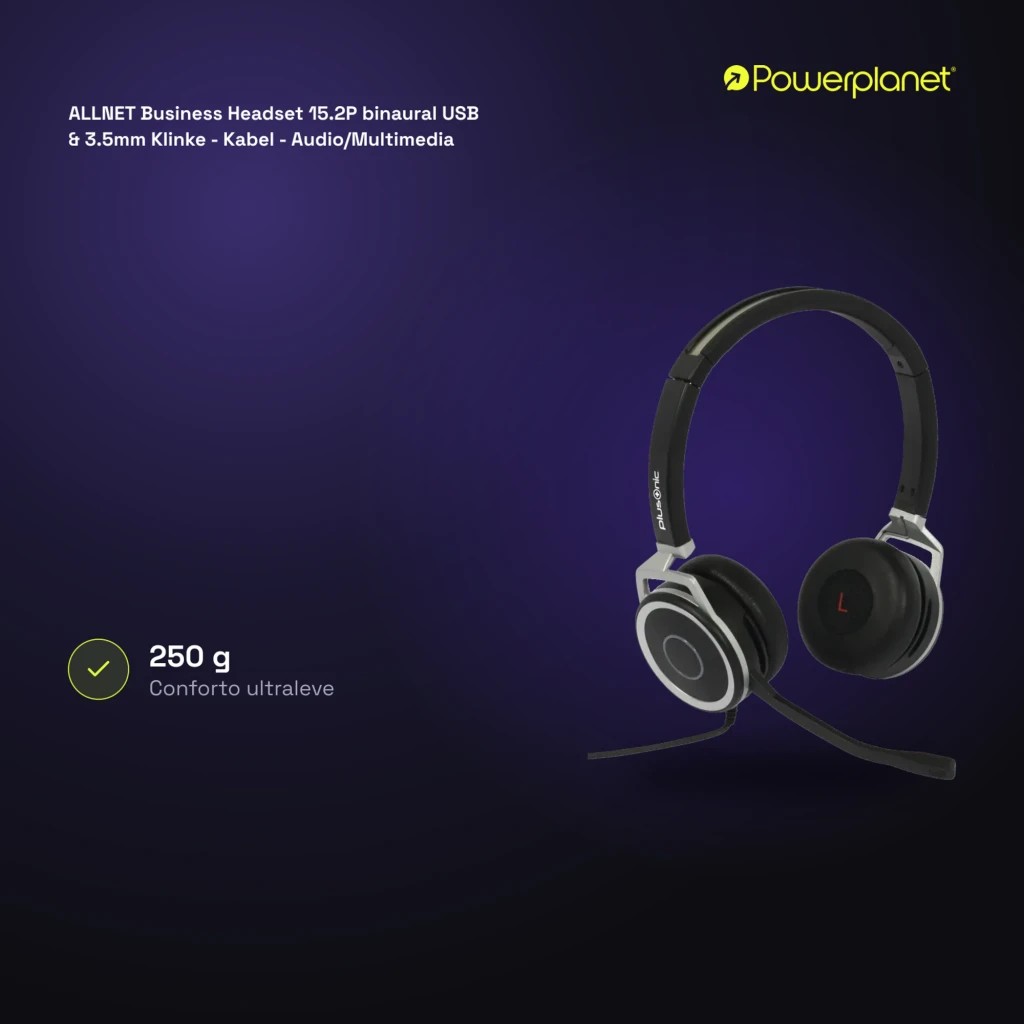 Plusonic Business Headset 15.2P negro, vista lateral: auriculares binaurales con micrófono flexible, almohadillas y logo - Ítem3