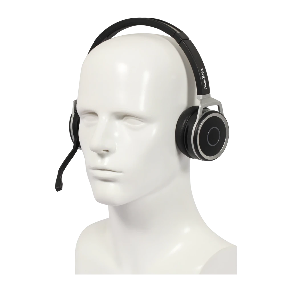 Plusonic Business Headset 15.2P negro, vista lateral: auriculares binaurales con micrófono flexible, almohadillas y logo - Ítem1