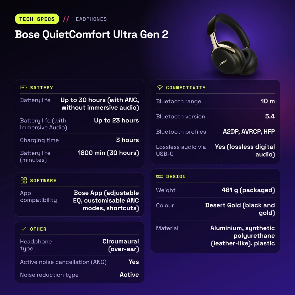 Casque Bose QuietComfort Ultra Gen 2 Réduction de Bruit Circum-Aural Or - caractéristiques
