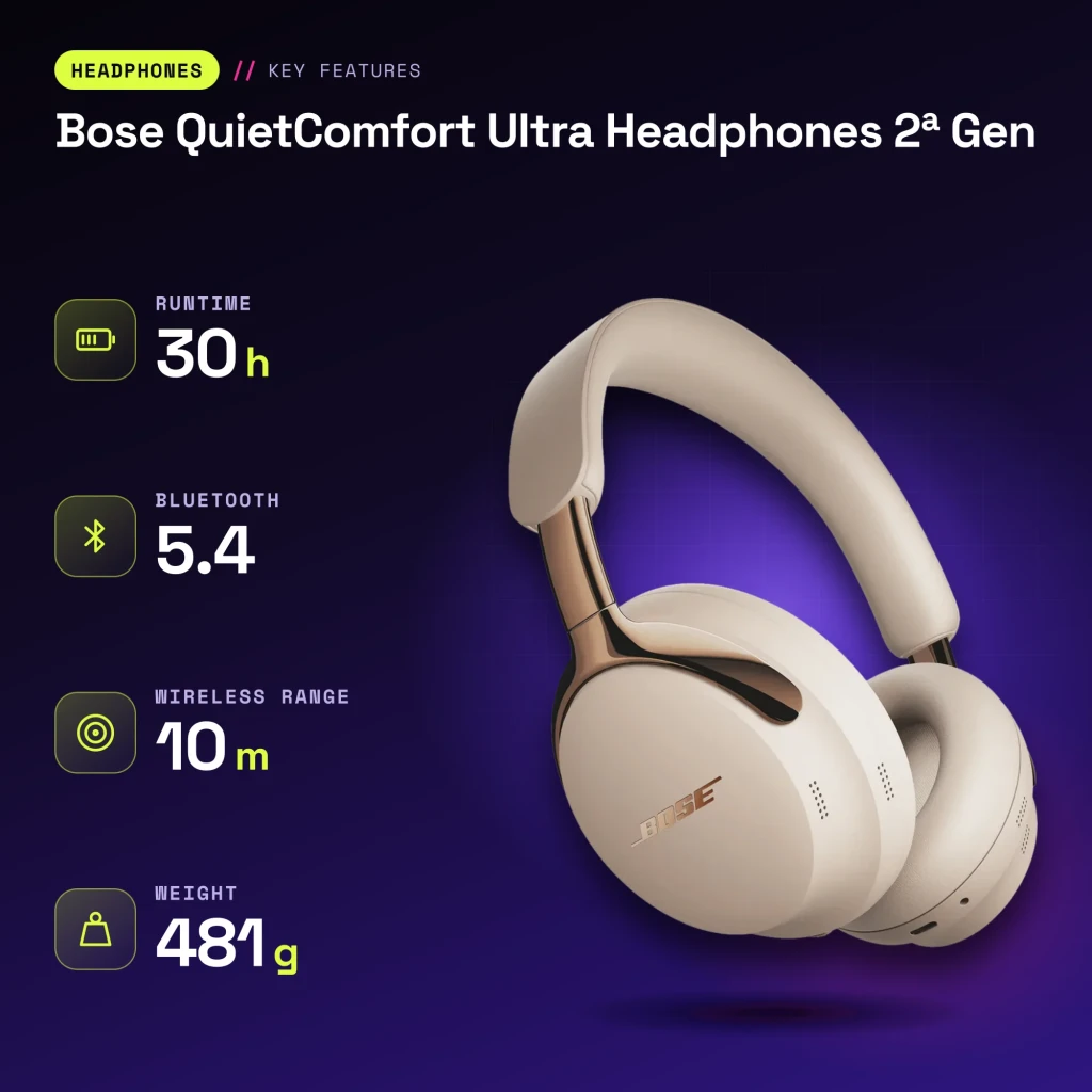 Casque Bose QuietComfort Ultra Headphones 2e Gen Réduction de Bruit Active Driftwood Sable - caractéristiques