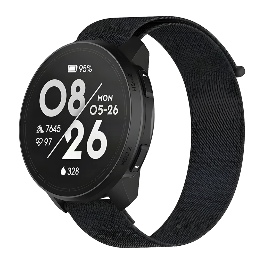 Reloj Black Shark RUN Negro con pantalla circular, correa textil negra y bisel mate; muestra hora grande, pasos, frecuencia cardíaca, SpO2, sueño y batería.