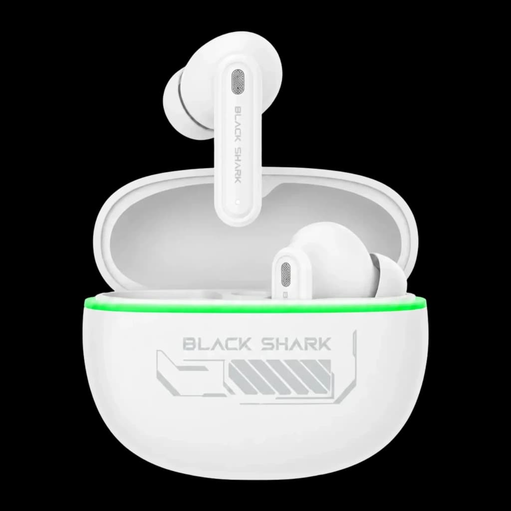Auriculares Black Shark Buds 6 Blanco ANC Cancelación de Ruido ANC TWS, vista frontal: estuche abierto con LED verde y logo