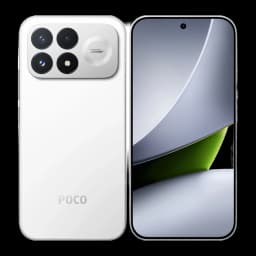 Smartphone blanco con triple cámara trasera en módulo cuadrado, pantalla AMOLED 6,59 pulgadas con orificio central, bordes finos y acabado mate POCO