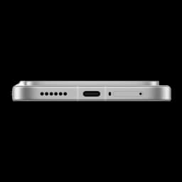 Xiami POCO F9 Pro blanco visto por el borde inferior con USB‑C central, rejilla de altavoz y bandeja SIM en chasis metálico plano