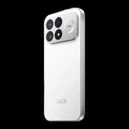 Smartphone blanco con cuerpo liso y bordes rectos, módulo de cámara rectangular elevado con triple lente grande y flash, logo POCO en la parte inferior