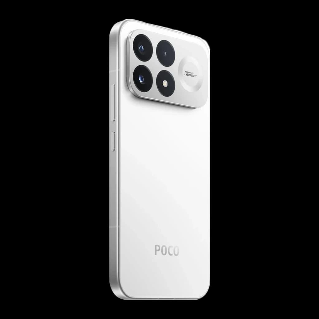 Smartphone blanco Xiami POCO F9 Pro con módulo trasero de cuatro cámaras grandes, bordes rectos, acabado brillante y logo POCO en la parte inferior trasera