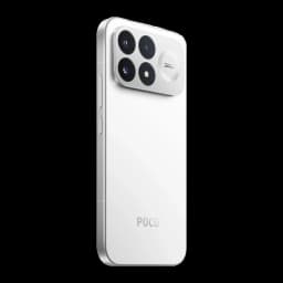 Smartphone blanco Xiami POCO F9 Pro con módulo trasero de cuatro cámaras grandes, bordes rectos, acabado brillante y logo POCO en la parte inferior trasera