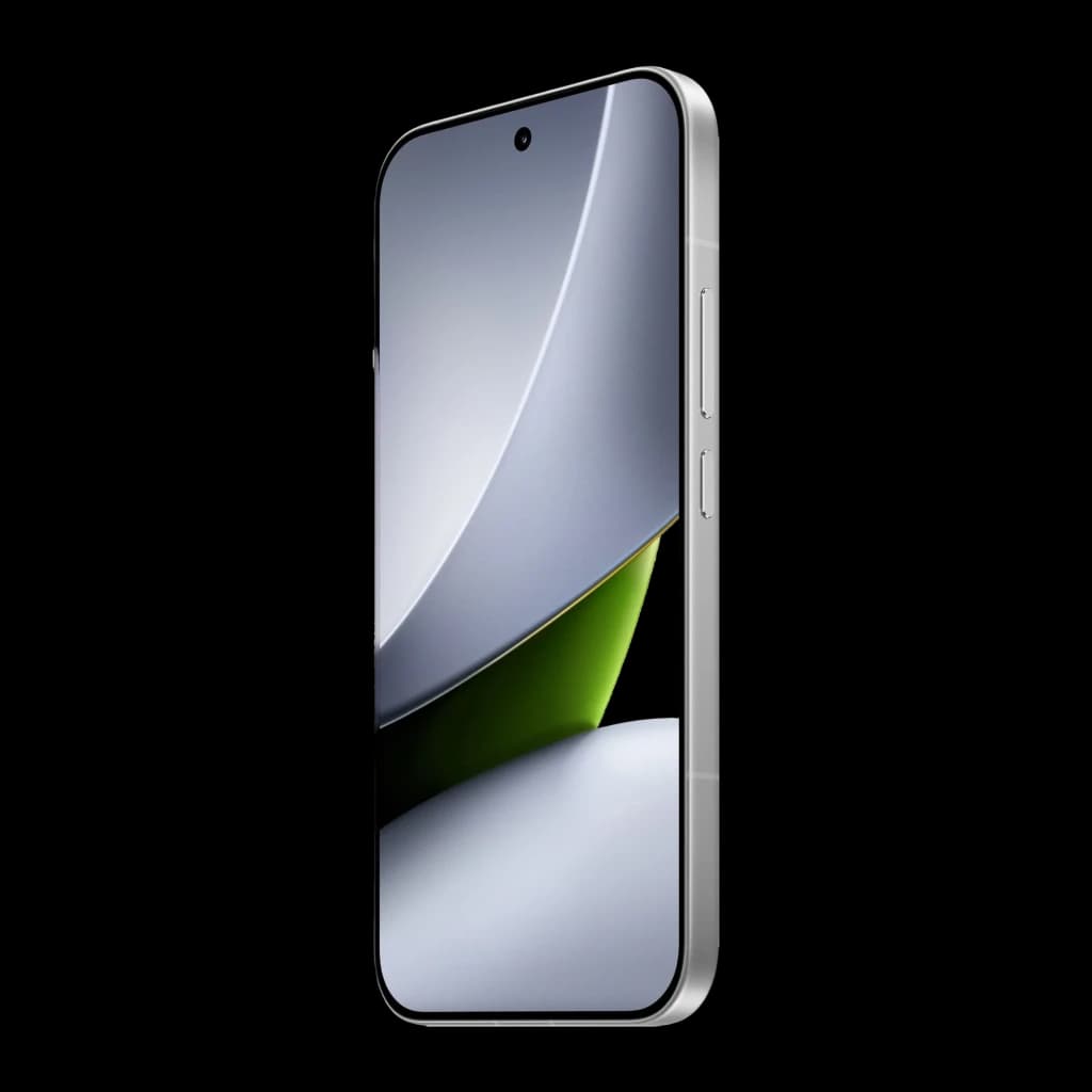 Smartphone blanco con pantalla AMOLED 6,59 pulgadas, borde plano metálico, cámara frontal centrada en orificio y botones laterales de volumen y encendido