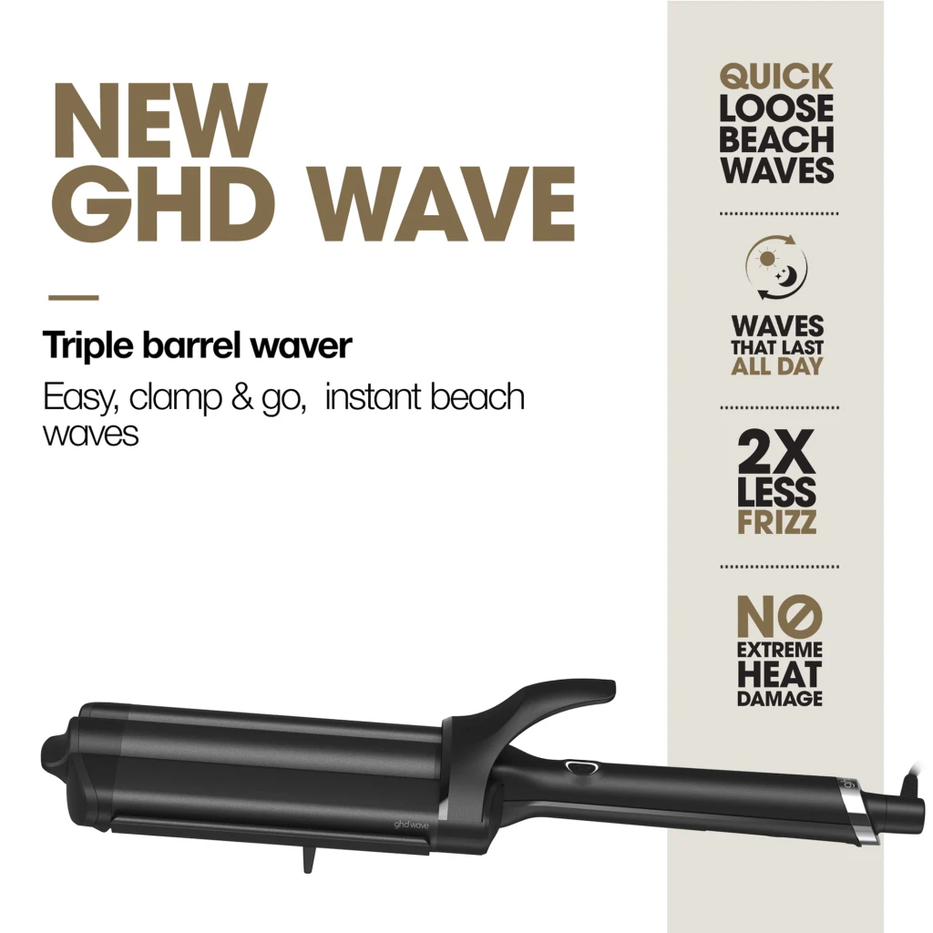Ondulador de pelo ghd Wave Triple Barrel 185°C negro con tres barriles anchos, punta fría y botón de encendido; incluye caja elegante en negro y dorado - Ítem6