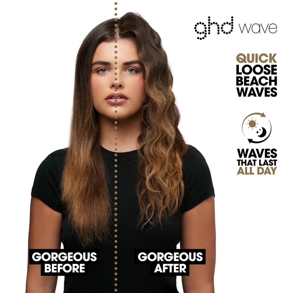 Ondulador de pelo ghd Wave Triple Barrel 185°C negro con tres barriles anchos, punta fría y botón de encendido; incluye caja elegante en negro y dorado - Ítem5