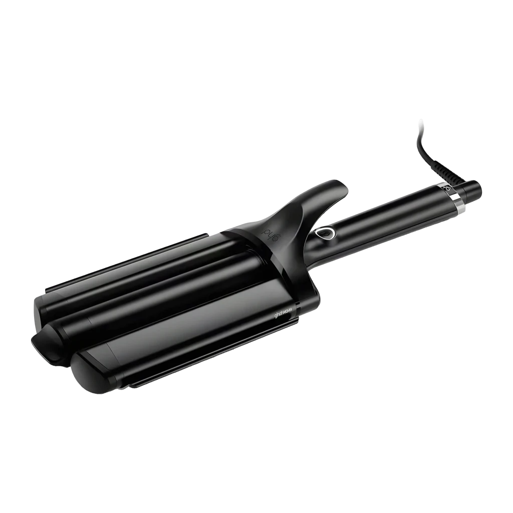 Ondulador de pelo ghd Wave Triple Barrel 185°C negro con tres barriles anchos, punta fría y botón de encendido; incluye caja elegante en negro y dorado - Ítem1