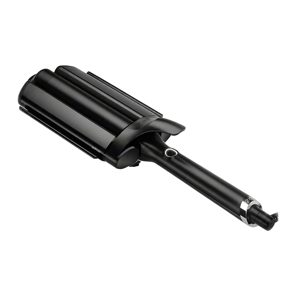 Ondulador de pelo ghd Wave Triple Barrel 185°C negro con tres barriles anchos, punta fría y botón de encendido; incluye caja elegante en negro y dorado - Ítem2