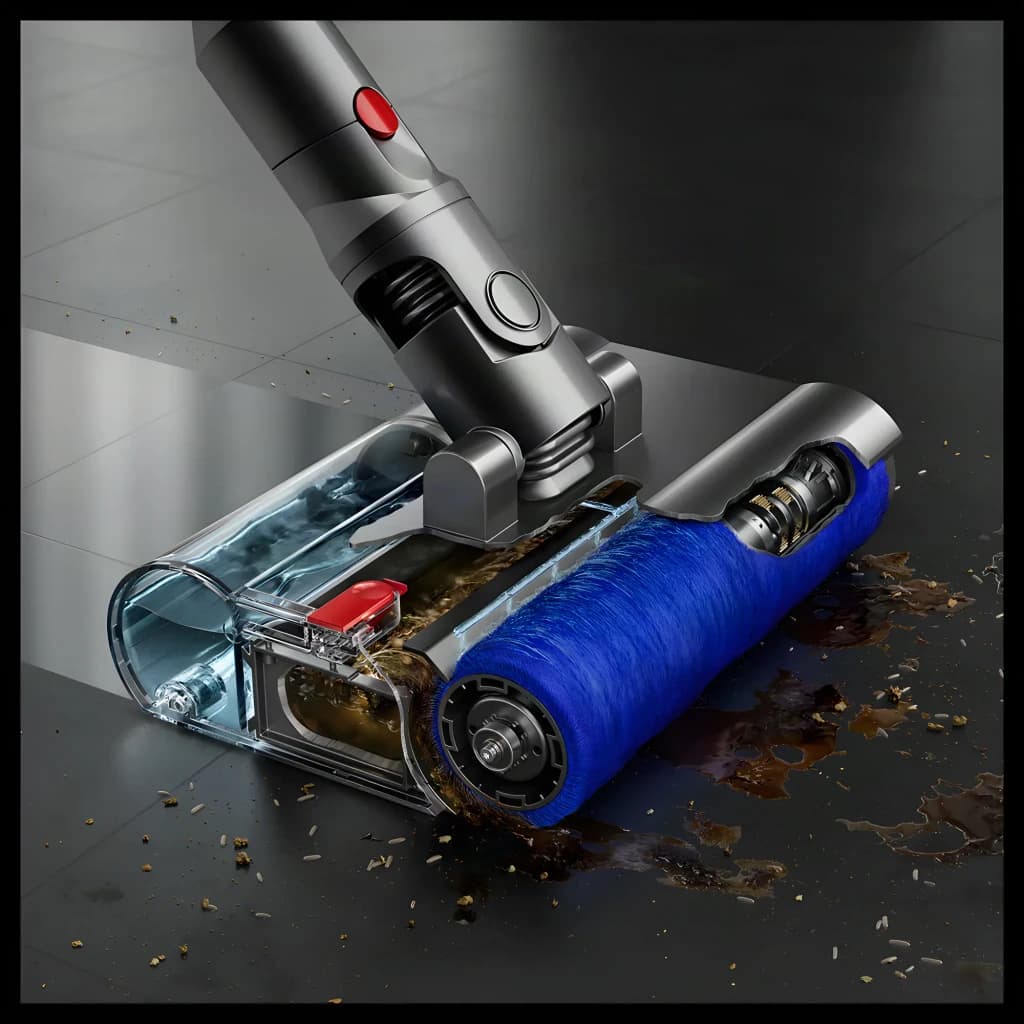 Tête Submarine Dyson V10 pour sols: rouleau bleu absorbant, aspiration humide et sèche, réservoir d’eau transparent, aspire débris et liquides sur
