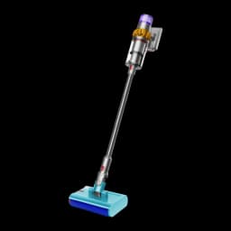 Aspirador escova Dyson V15s Detect Submarine sem fios, corpo cinza com tubo longo, depósito roxo dourado e escova húmida motorizada azul ampla