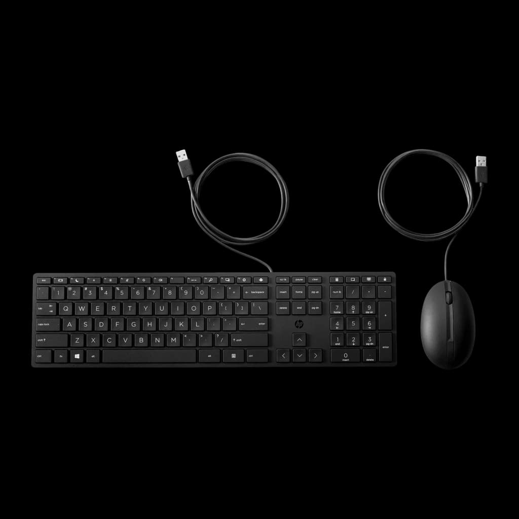 HP Desktop 320MK preto, kit vista superior: teclado com teclas visíveis e rato com cabo USB enrolado à direita