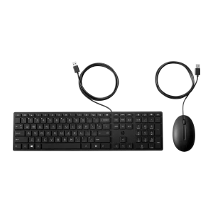HP Desktop 320MK preto, kit vista superior: teclado com teclas visíveis e rato com cabo USB enrolado à direita