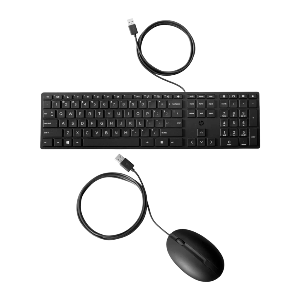 HP Desktop 320MK preto, kit vista superior: teclado com teclas visíveis e rato com cabo USB enrolado à direita - Item3