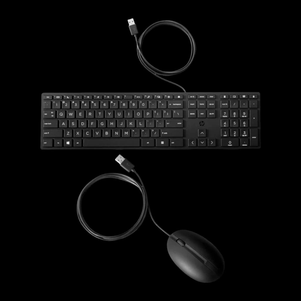 HP Desktop 320MK preto, kit vista superior: teclado com teclado numérico e rato abaixo com cabo USB enrolado