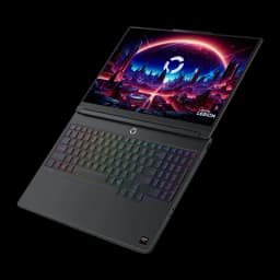Lenovo Legion 5 15AHP11 512GB negro, vista superior en ángulo: teclado RGB multicolor y pantalla WQXGA con escena gaming