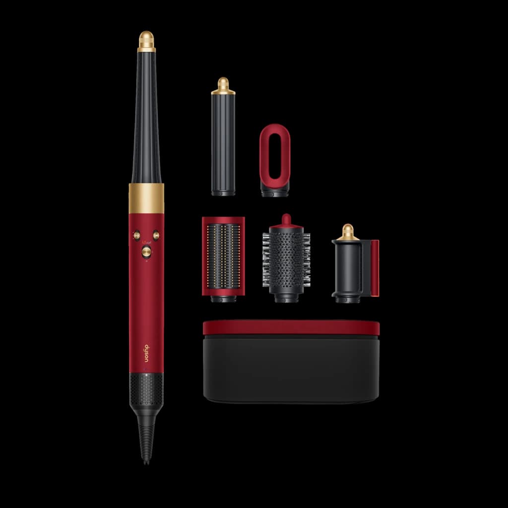 Moldeador Dyson Airwrap i.d. Straight & Wavy Iónico 90°C en rojo y dorado con barril cónico, cepillos, boquilla, filtro y estuche negro con detalles rojos