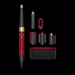 Moldeador Dyson Airwrap i.d. Straight & Wavy Iónico 90°C en rojo y dorado con barril cónico, cepillos, boquilla, filtro y estuche negro con detalles rojos