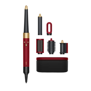 Moldeador Dyson Airwrap i.d. Straight & Wavy Iónico 90°C en rojo y dorado con barril cónico, cepillos, boquilla, filtro y estuche negro con detalles rojos