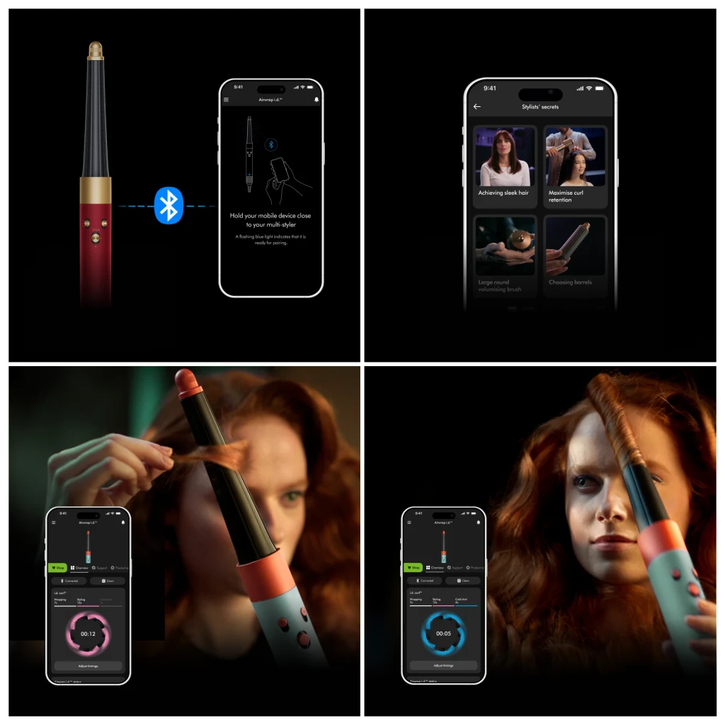 Moldeador Dyson Airwrap i.d. Straight & Wavy Iónico 90°C en rojo y dorado con barril cónico, cepillos, boquilla, filtro y estuche negro con detalles rojos - Ítem5