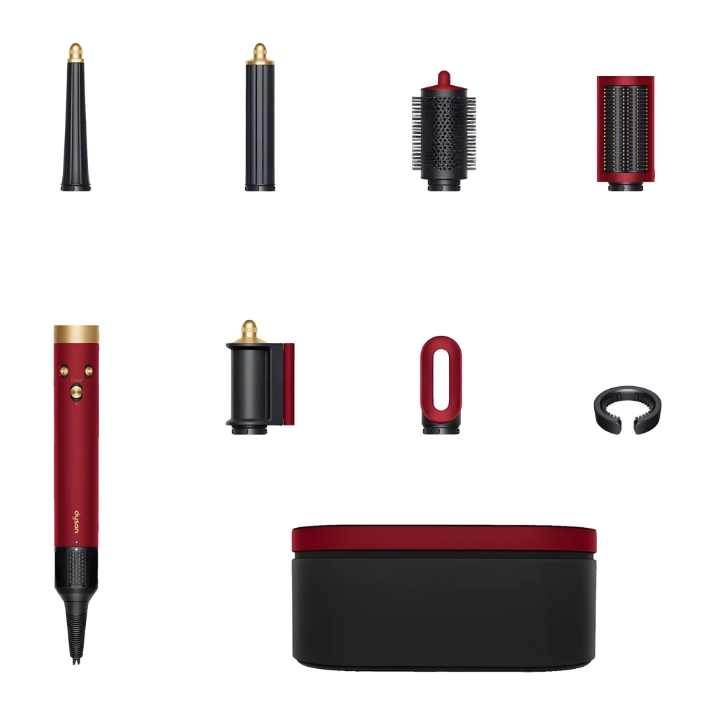 Moldeador Dyson Airwrap i.d. Straight & Wavy Iónico 90°C en rojo y dorado con barril cónico, cepillos, boquilla, filtro y estuche negro con detalles rojos - Ítem3