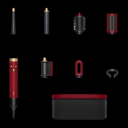 Moldeador Dyson Airwrap i.d. Straight & Wavy Iónico 90°C en rojo y dorado con accesorios: barriles, cepillos, boquilla, filtro y estuche rígido negro-rojo