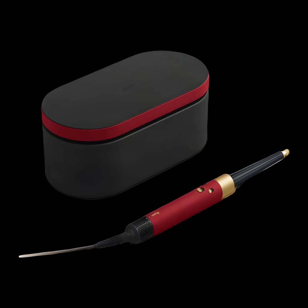 Moldeador Dyson Airwrap i.d. Straight & Wavy Iónico 90°C en rojo y dorado, barril cónico negro con puntas doradas y estuche rígido negro con borde rojo
