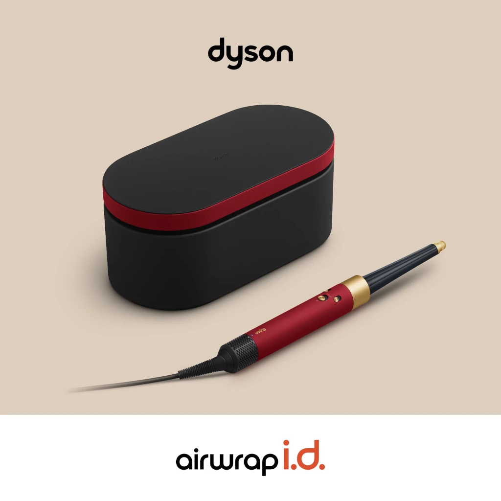 Moldeador Dyson Airwrap i.d. Straight & Wavy Iónico 90°C en rojo y dorado con barril cónico, cepillos, boquilla, filtro y estuche negro con detalles rojos - Ítem1