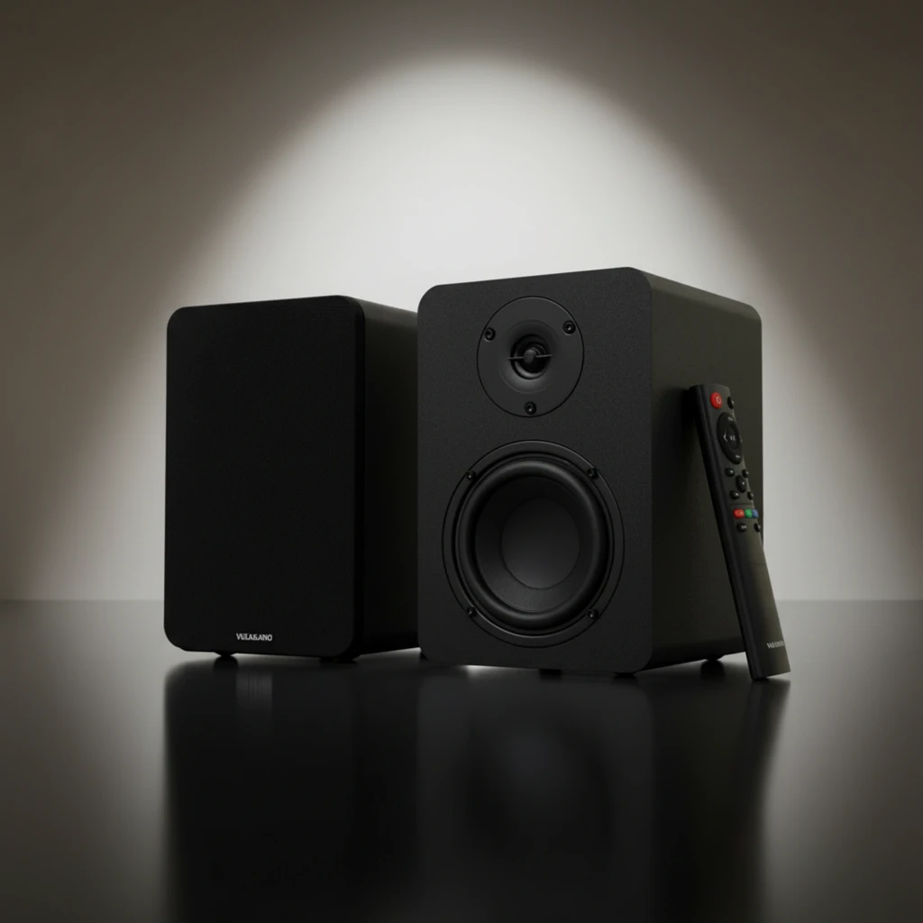 Vulkkano A4 ARC MKII negro, vista principal: altavoces 2.0 en ángulo, altavoz con rejilla de tela y mando a distancia - Ítem6