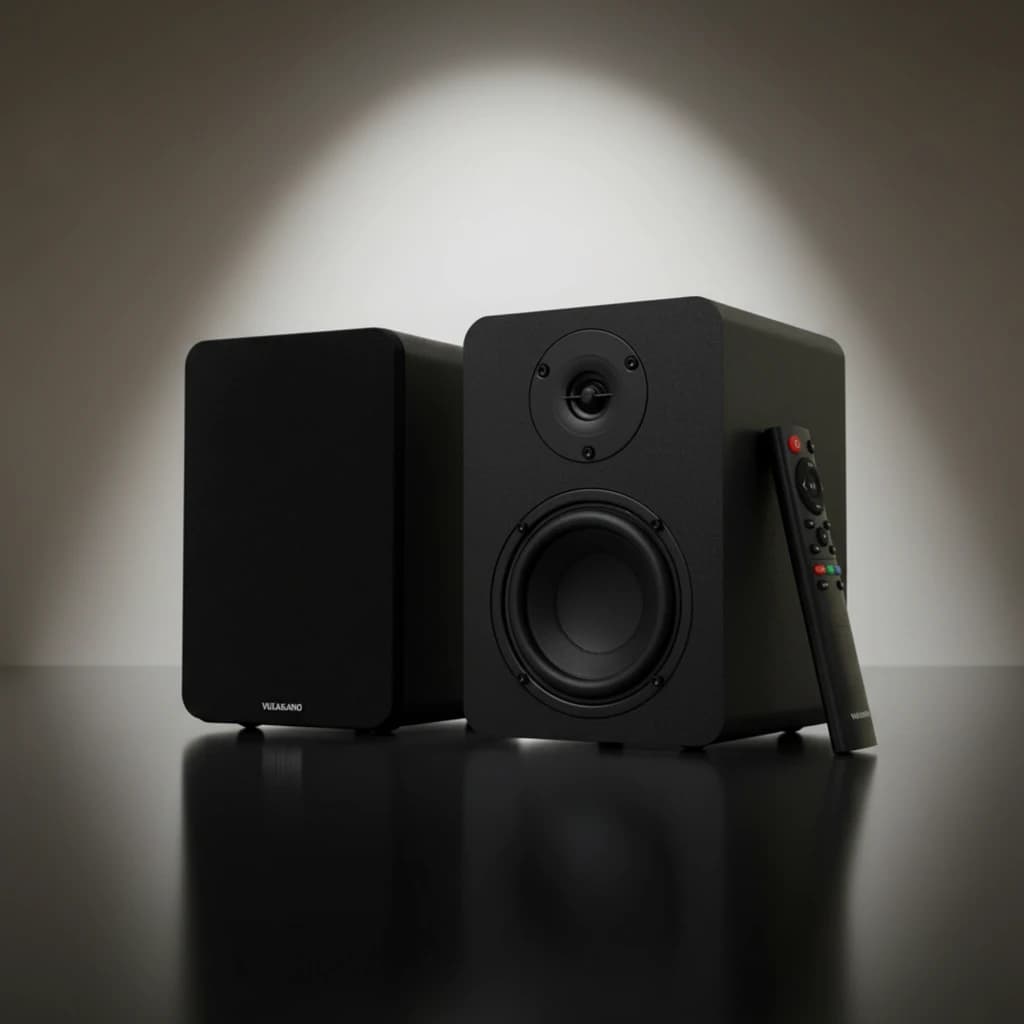 Altavoces activos Vulkkano A4 Arc MKII con 50 W RMS, Bluetooth 5.0 y tweeter de cúpula de seda, sobre fondo IA