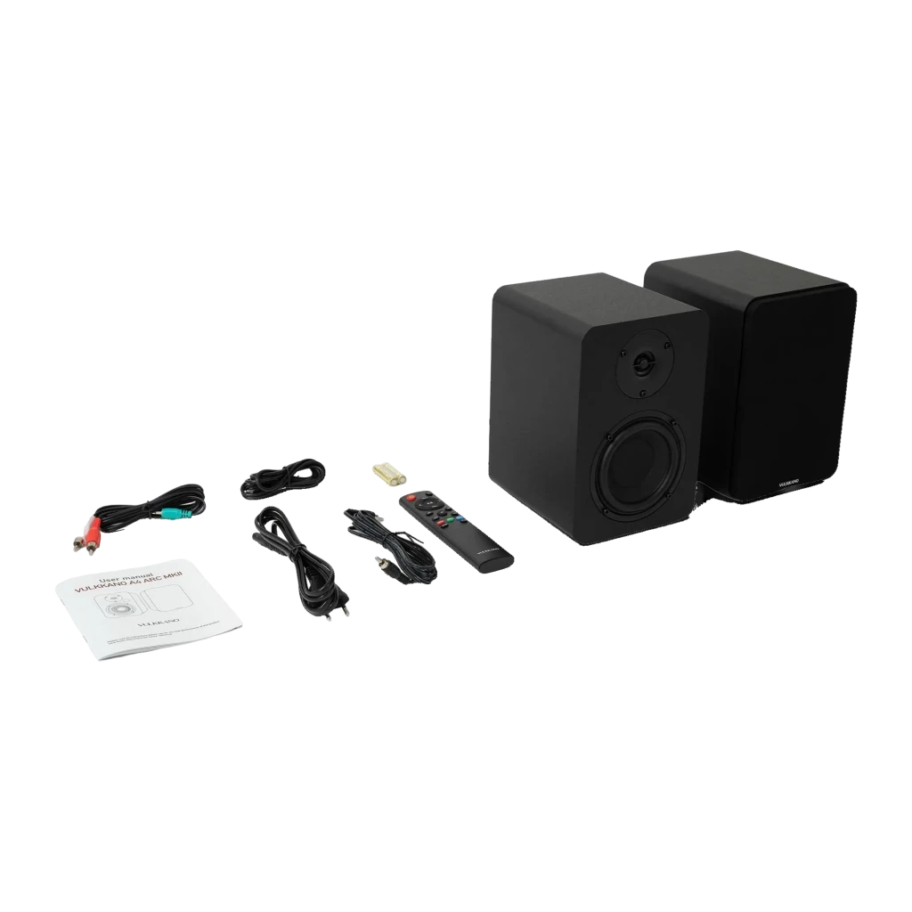 Vulkkano A4 ARC MKII negro, vista principal: altavoces 2.0 en ángulo, altavoz con rejilla de tela y mando a distancia - Ítem7