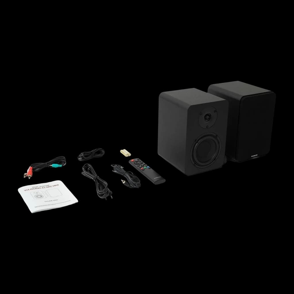 Vulkkano A4 ARC MKII negro, contenido de caja: altavoces, mando a distancia, cables y manual