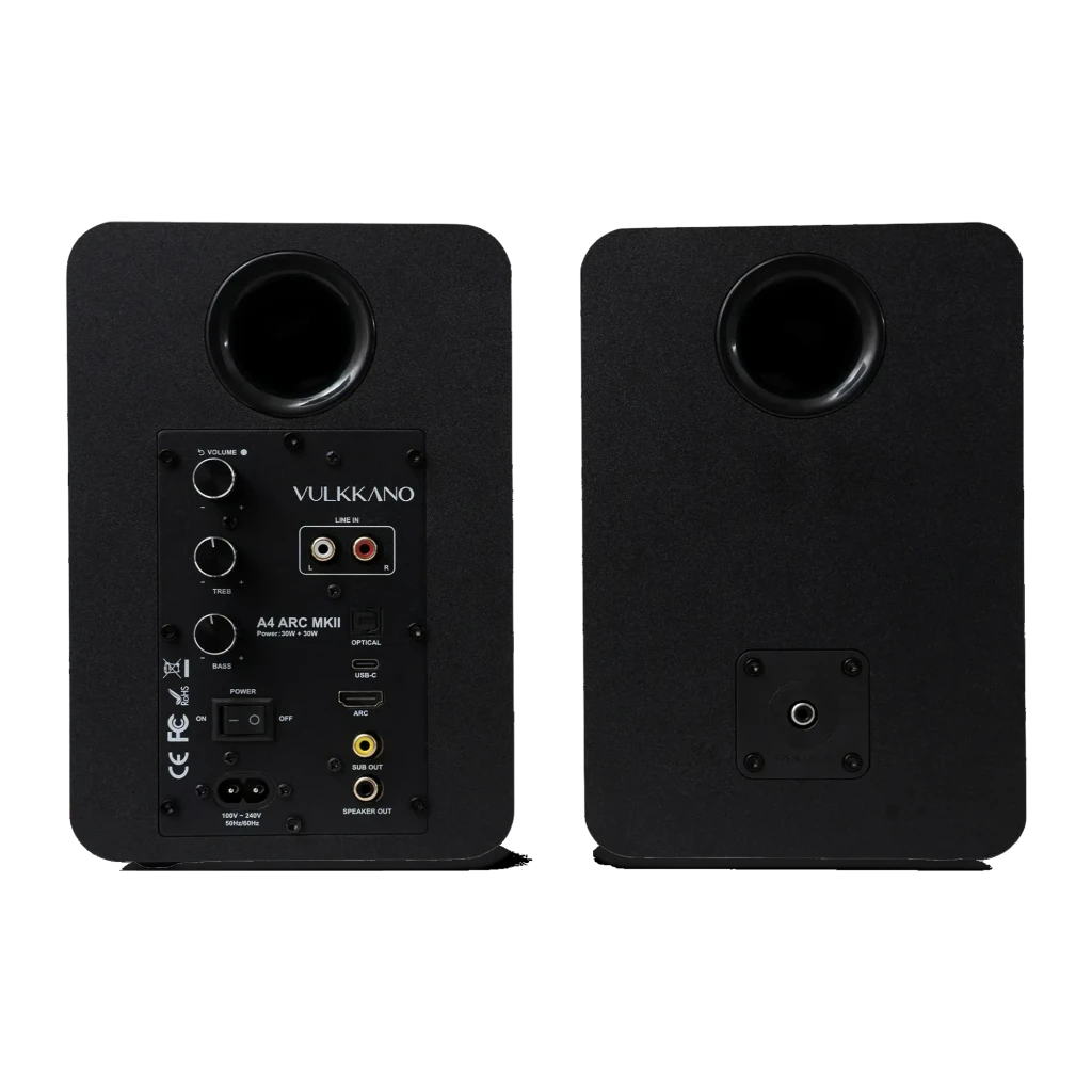 Vulkkano A4 ARC MKII negro, vista principal: altavoces 2.0 en ángulo, altavoz con rejilla de tela y mando a distancia - Ítem1