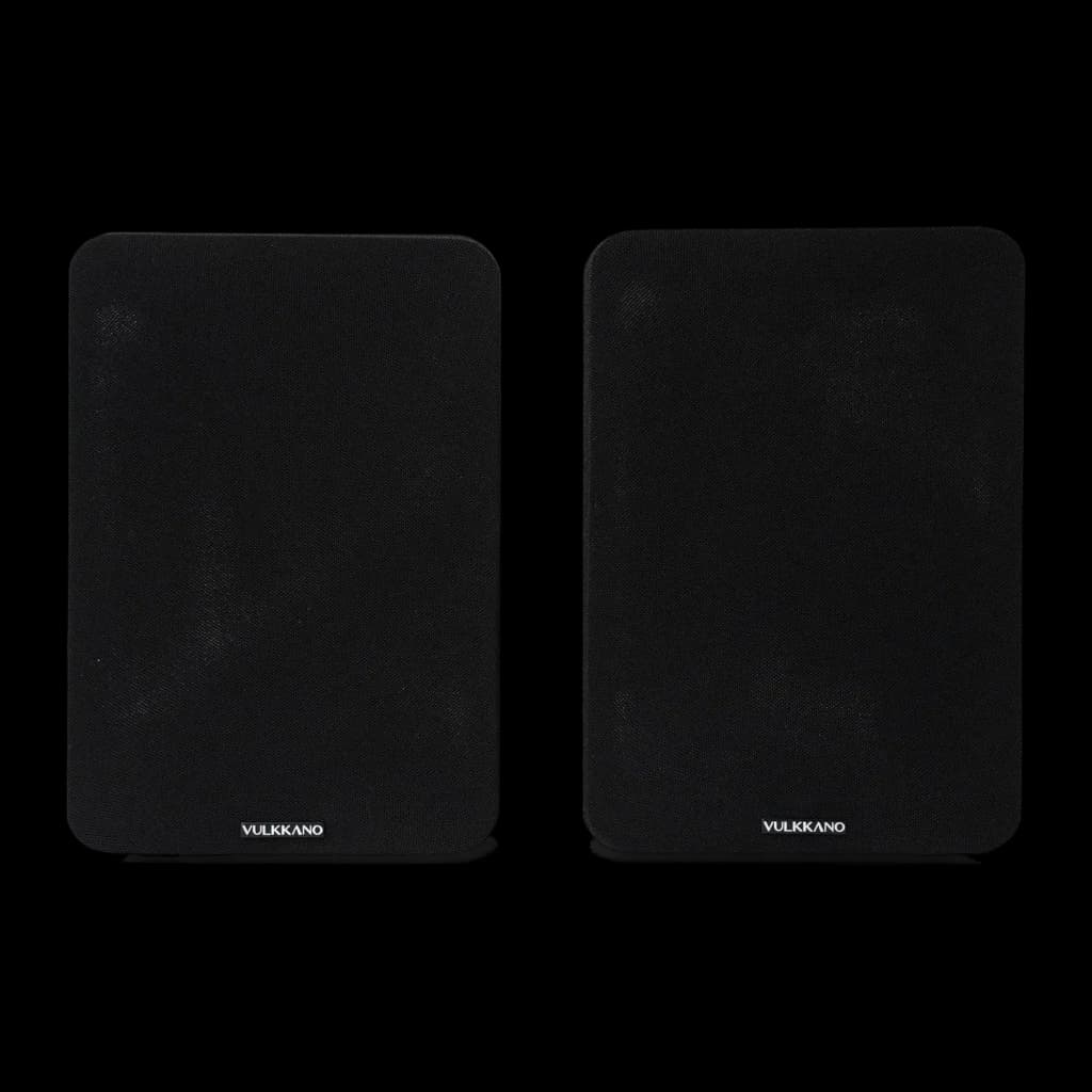 Vulkkano A4 ARC MKII negro, vista frontal: par de altavoces con rejilla de tela negra y logo Vulkkano