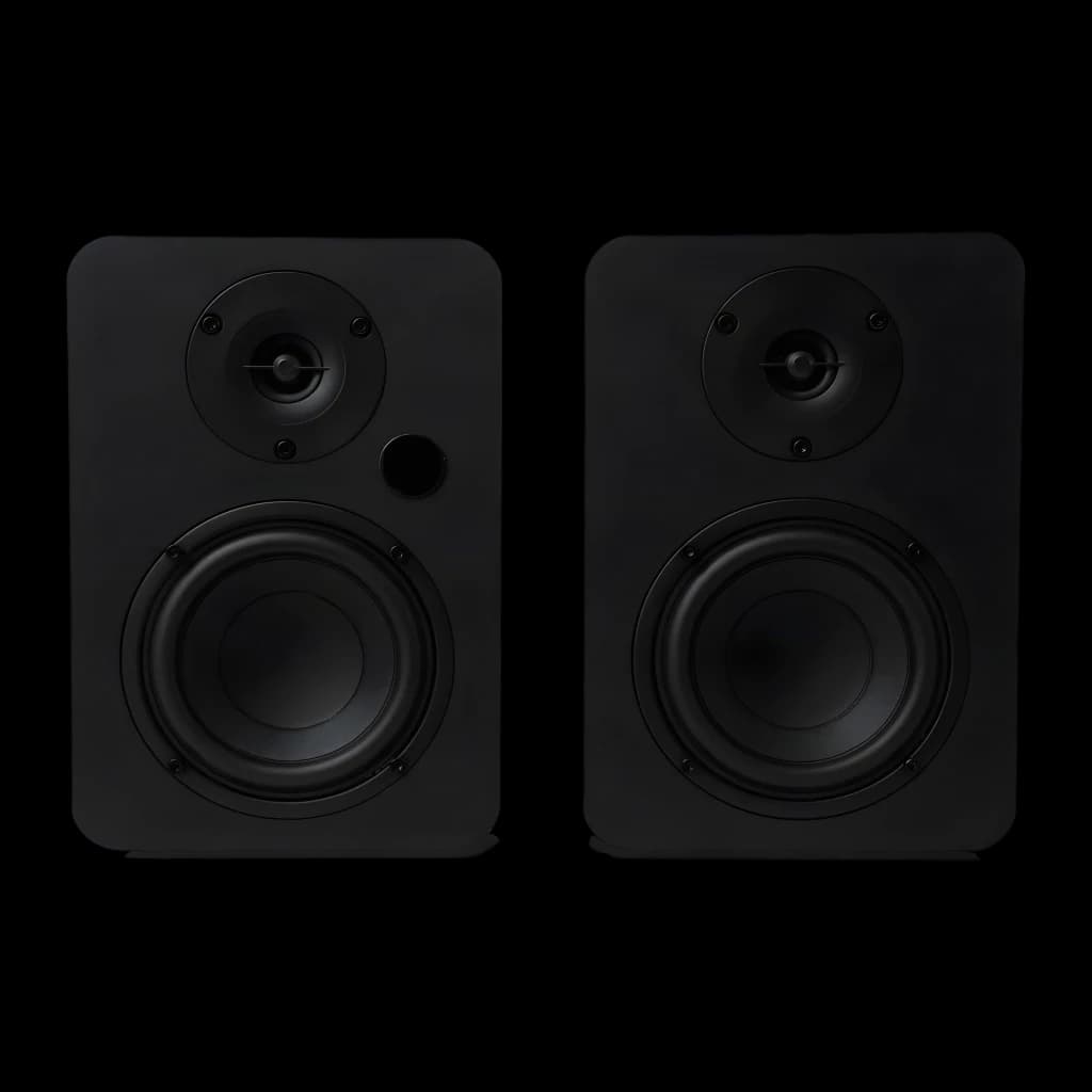 Vulkkano A4 ARC MKII negro, vista frontal par: dos monitores de estudio, tweeter y woofer visibles