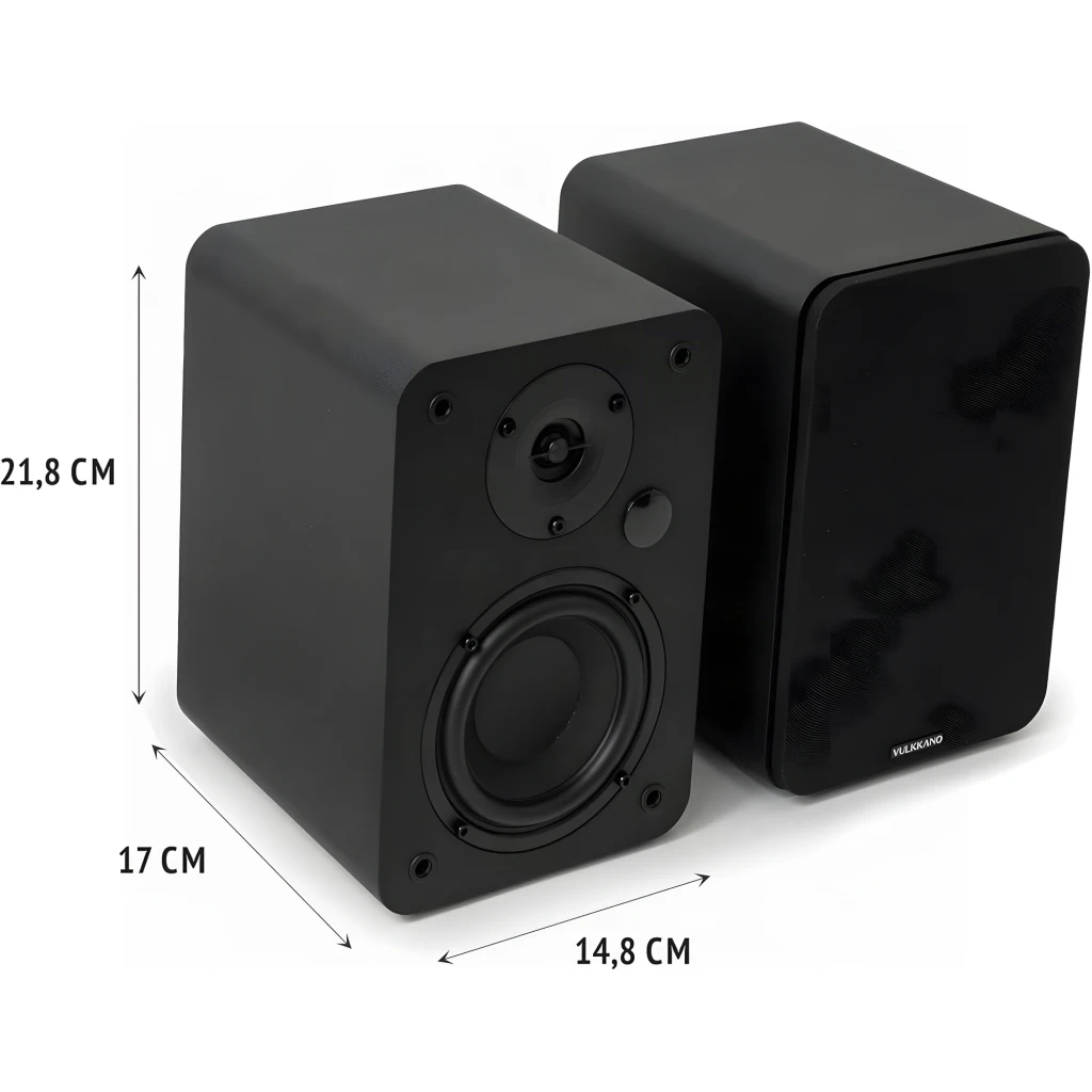 Vulkkano A4 ARC MKII negro, vista principal: altavoces 2.0 en ángulo, altavoz con rejilla de tela y mando a distancia - Ítem8