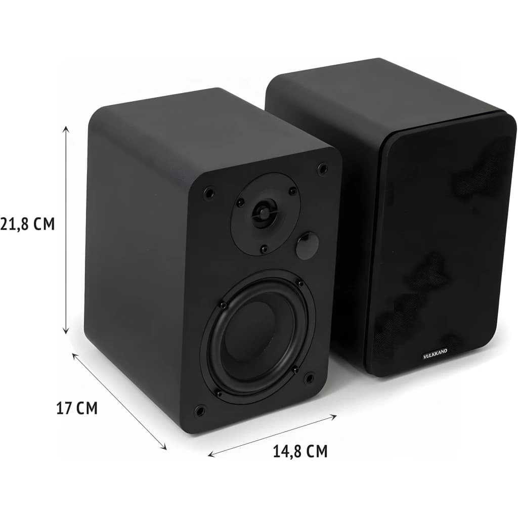 Vulkkano A4 ARC MKII negro, dimensiones: par de altavoces con cotas 21,8x17x14,8 cm, woofer y tweeter visibles